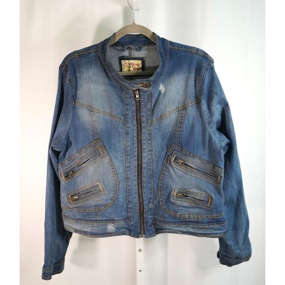 Vintage NYC Dollhouse XL Distressed Denim Bomber Jacket with Zippered Detailing - Picture 1 of 8